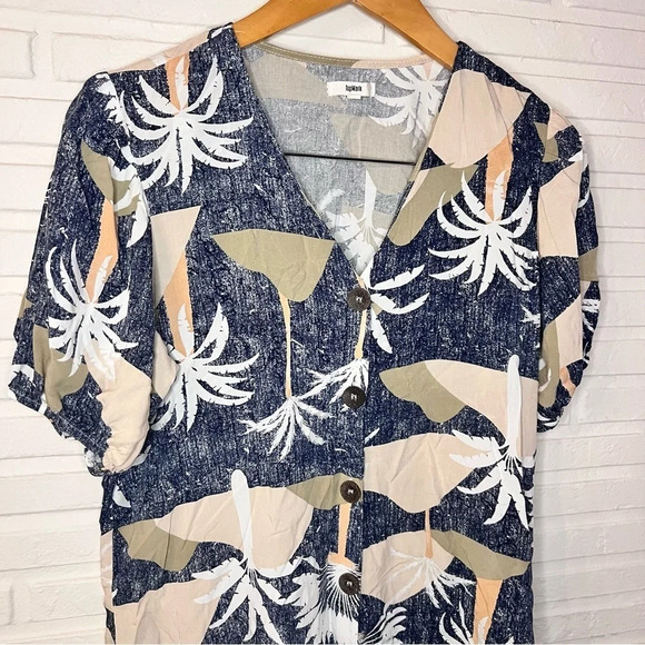 Topmart Neutral Palm Tree Puffed Sleeve Button Down Dress, Women’s Size Large - Picture 2 of 8